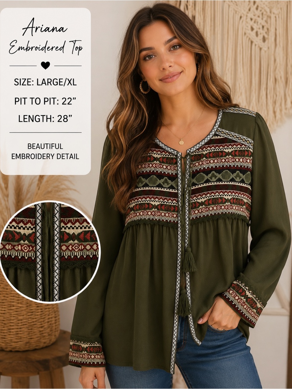 Ariana Olive Green Embroidered Tassel Blouse